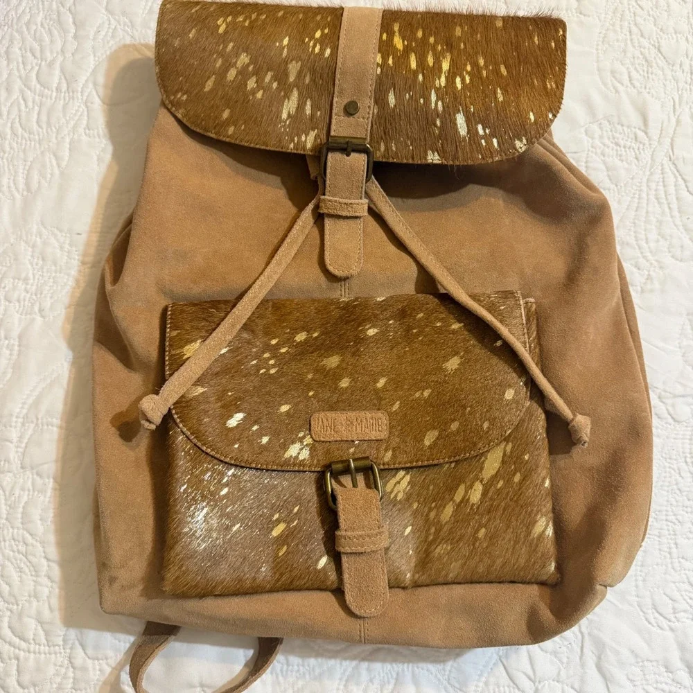 Jane Marie Tan Suede Cowhide Gold Metallic Splatter Backpack Boho Bag